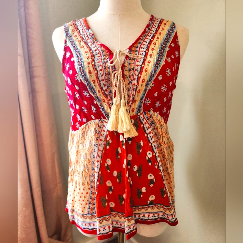 Patrons of Peace Red and Cream Boho Blouse